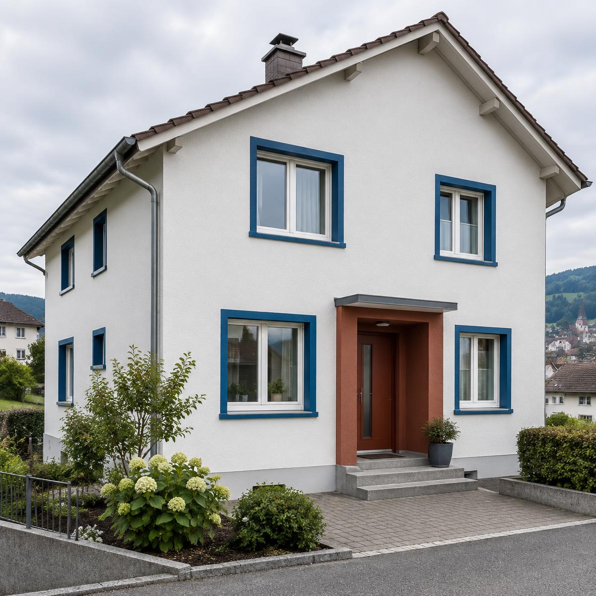 Neu gestrichene Hausfassade mit blauen und roten Akzenten